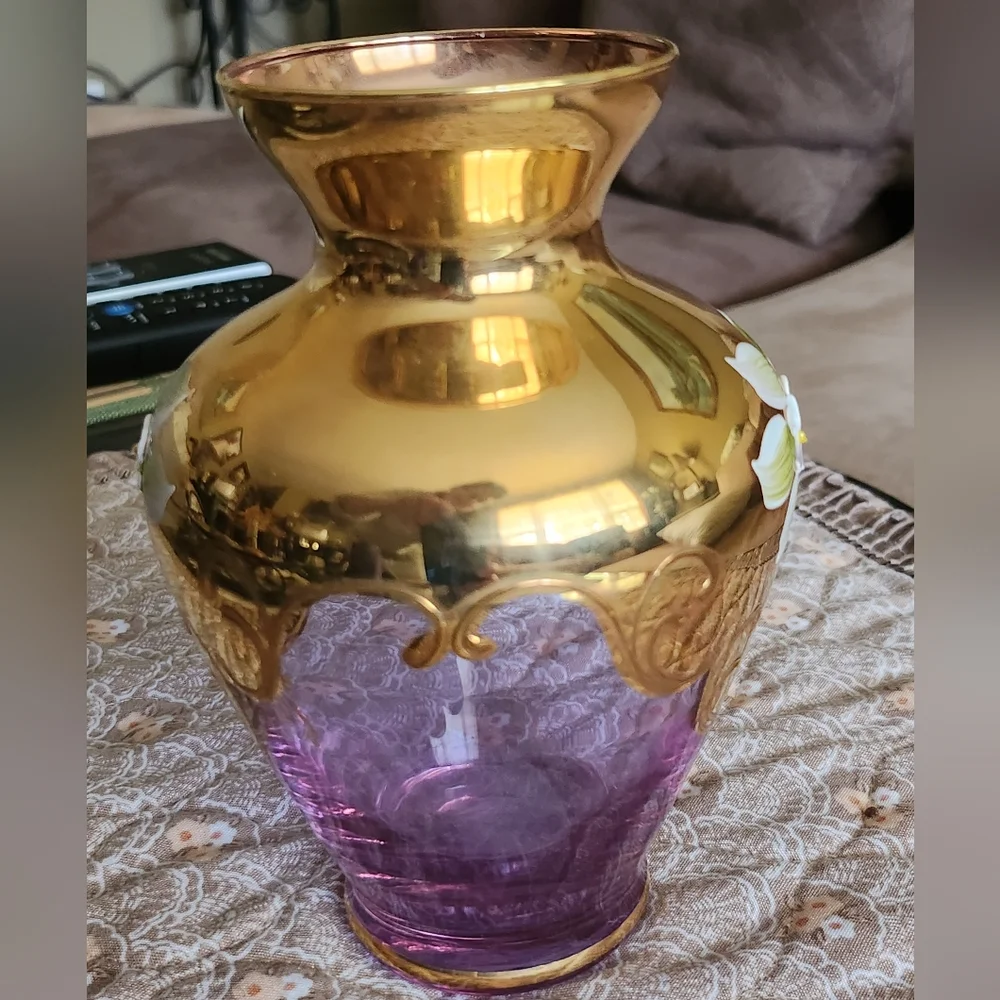 VTG Amethyst / Gold Glass Hand Painted Vase